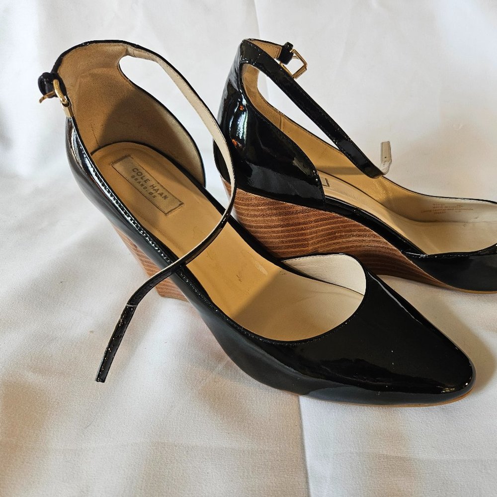 Cole Haan Lacey Ankle Strap Wedge Black Patent Leather Size 8